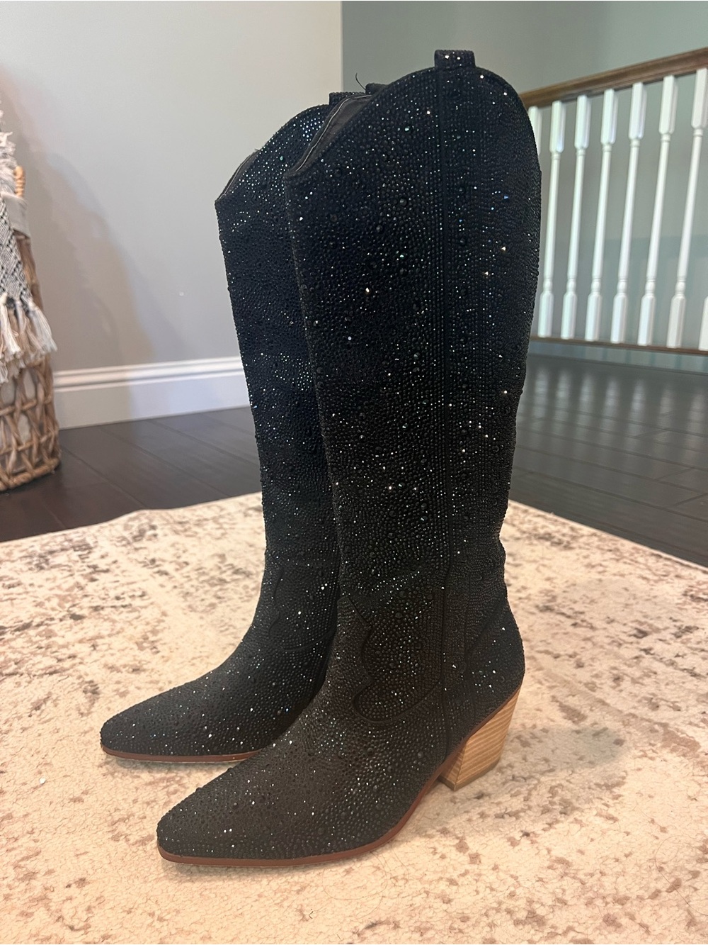 Black Sparkle Western Knee-High Boots - Size 8